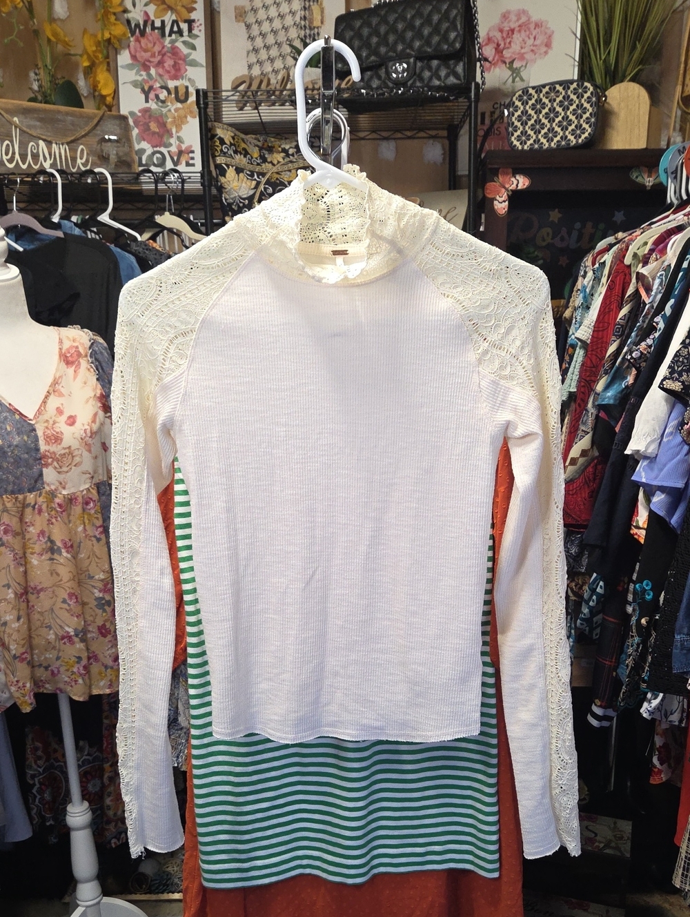 Free People Lace-Trim White Ribbed Long-Sleeve Top